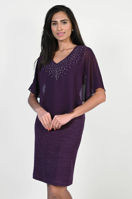 Jewelled chiffon cape stretch knit dress