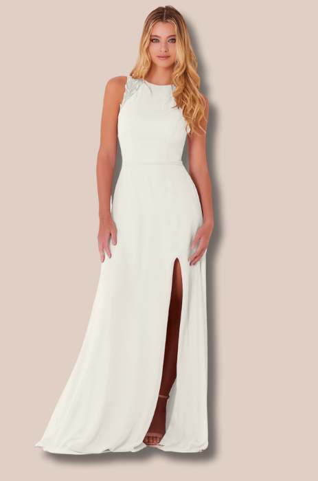 Leafy applique chiffon high neck dress