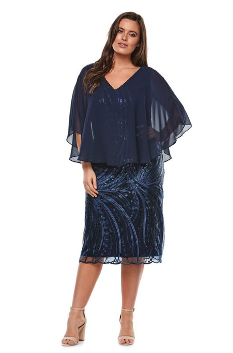 Chiffon cape dress with sequin lace skirt