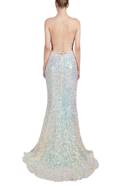Sequin cowl neck split dress