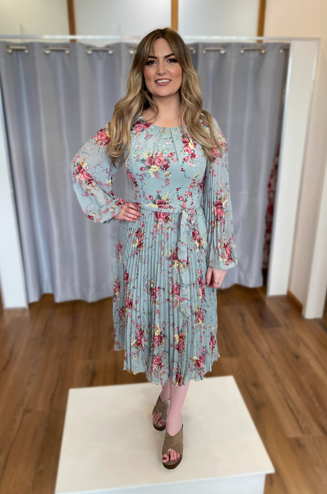 Pleated floral knee length dress
