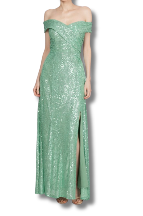 Sequin off shoulder gown with split