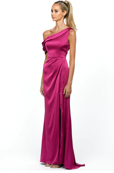 Madonna satin draped shoulder gown