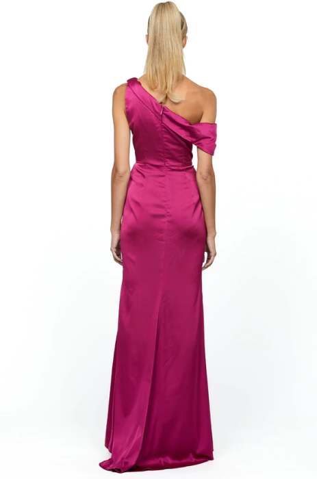Madonna satin draped shoulder gown