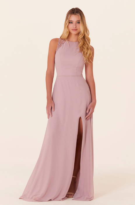 Chiffon bridesmaid dress with leaf applique