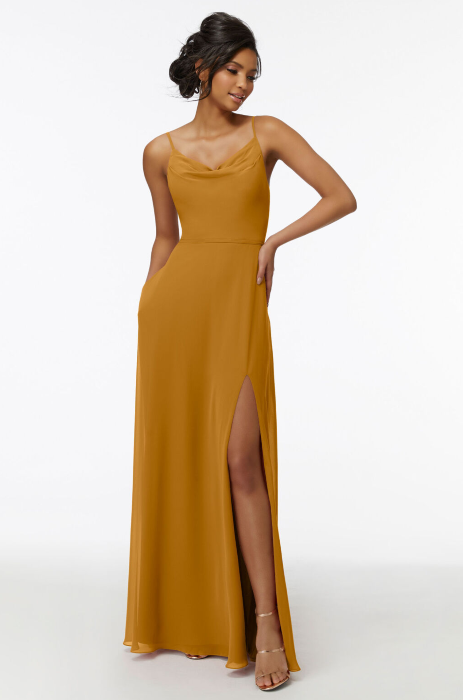 Cowl neck chiffon dress with split by Morilee
