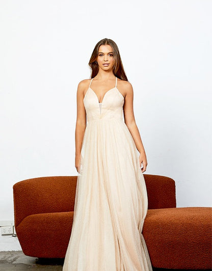 Bariano Blackthorn open back glitter tulle ball gown